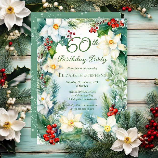 Narcissus | Julblommig 60-årsfest  Inbjudningar (Narcissus, Holly and Berries Winter Floral 60th Birthday Party Invitation - Print | Digital)
