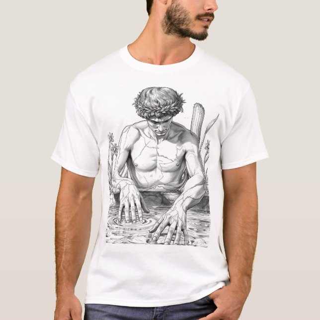 Narcissus Myth Minimalist Line Art T-Shirt (Framsida)