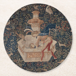 Narcissus vid brunnen, medeltida gobeläng underlägg papper rund