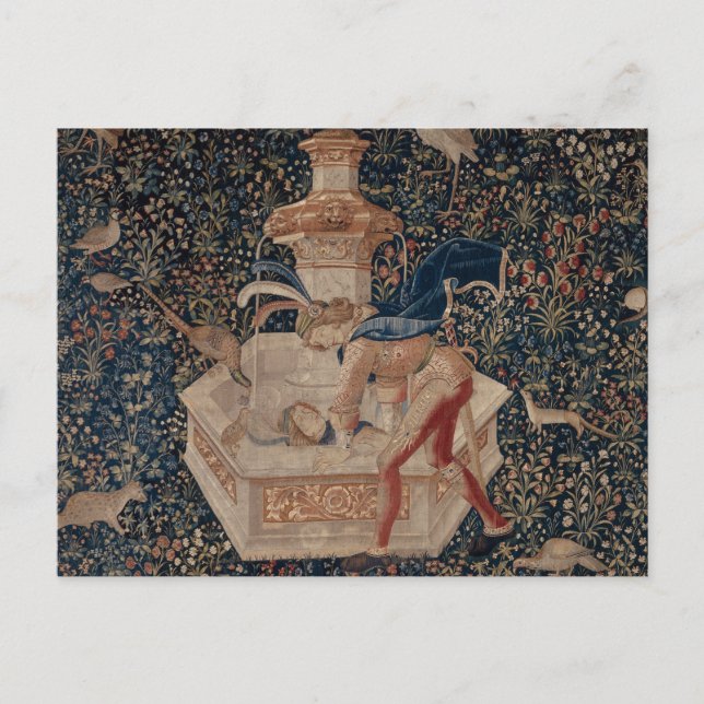 Narcissus vid brunnen, medeltida gobeläng vykort (Framsida)