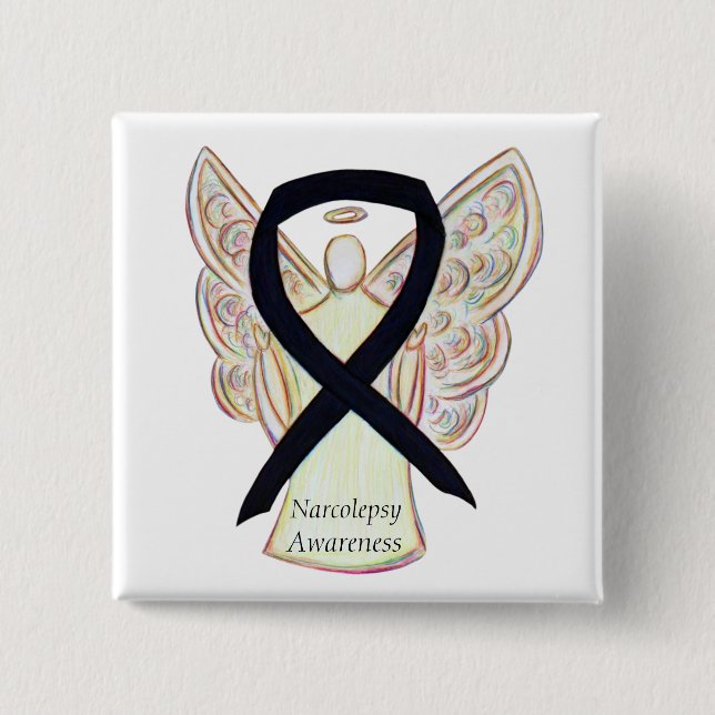 Narcolepsy Awareness Angel Black Ribbon Art Pin Knapp (Framsida)