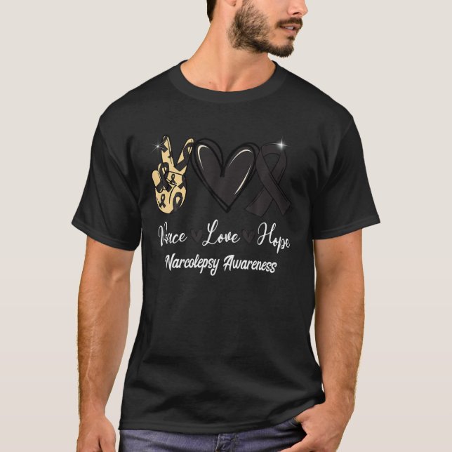 Narcolepsy Awareness Peace Kärlek Hope Black Ribbo T Shirt (Framsida)