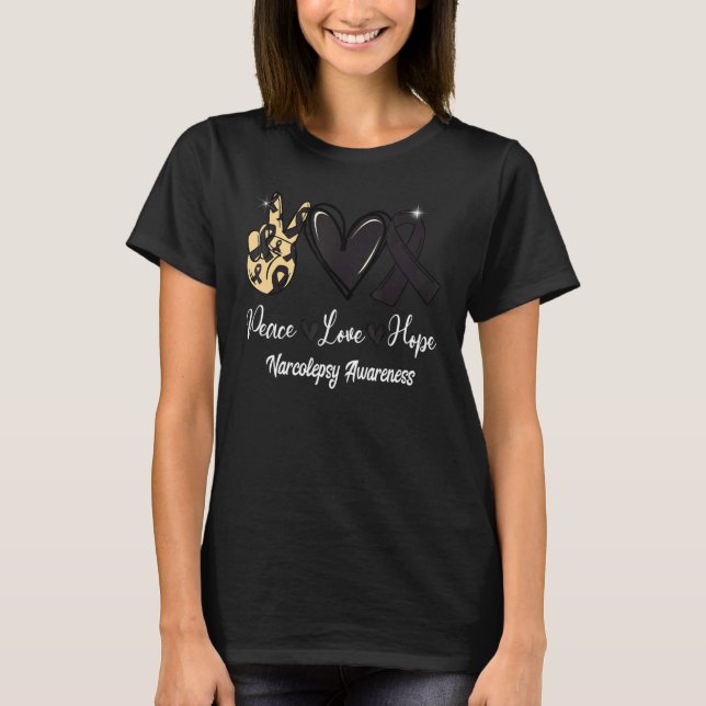 Narcolepsy Awareness Peace Kärlek Hope Black Ribbo T Shirt (Framsida)