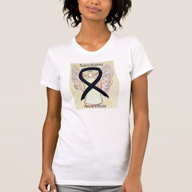 Narcolepsy Black Awareness Ribbon Angel Shirt T (Framsida)