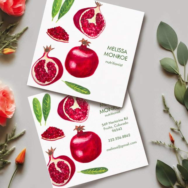 Näringist Chef Coach Pomegranates Autumn Fruit Fyrkantigt Visitkort (Watercolor pomegranates with leaves decorate these custom square business cards. Add your own text.)