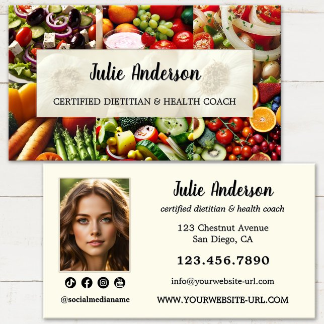 Näringsrådgivare Dietist Hälsocoach Affärskort Visitkort (Professional dietitian business card featuring a colorful array of fresh vegetables and fruits)