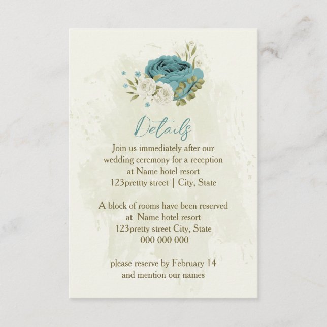 Närmare uppgifter om blå vita blommor grönt bröllo tilläggskort (Framsida)