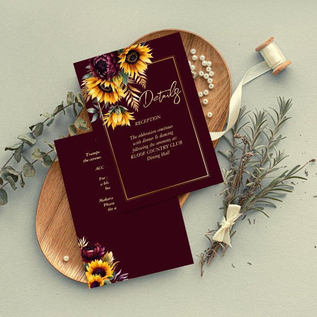 Närmare uppgifter om blommor i bröllop under somma tilläggskort (Fall summer burgundy sunflowers wedding details enclosure card rustic wedding invitations)