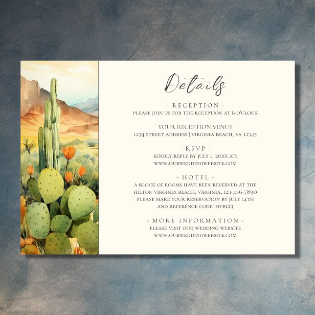Närmare uppgifter om den vackra vattenfärgen Deser Tilläggskort (Front - Beautiful Watercolor Desert Cactus Wedding Details Enclosure Card)