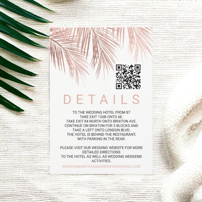 Närmare uppgifter om rättskod bröllop för den mode tilläggskort (Modern rose gold palm tree Qr code wedding details Enclosure Card)