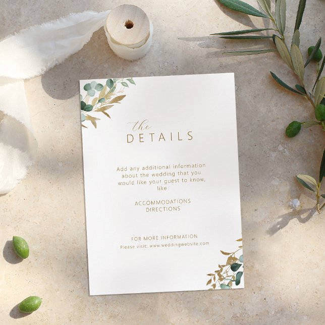 Närmare uppgifter om Rustic eucalyptus guld greene Tilläggskort (Rustic eucalyptus gold greenery wedding details enclosure card)