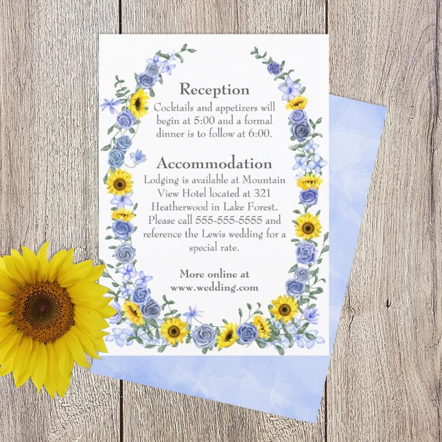 Närmare uppgifter om solrosor, Dusty Blue Ro Gräns Tilläggskort (yellow sunflowers dusty blue wedding details enclosure card)