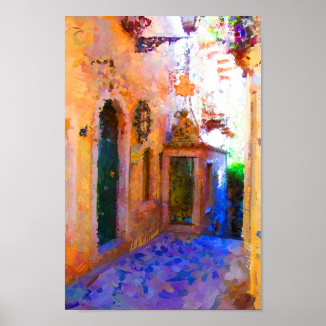 Narrow Street in Taormina Italien Gult Lila Art Poster (Framsidan)