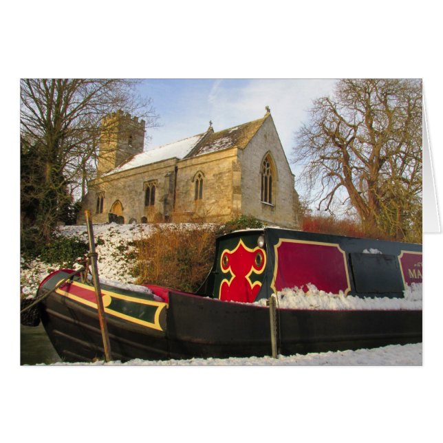 Narrowboat och kyrka i snow.en hälsningskort (Framsidan Horizontal)