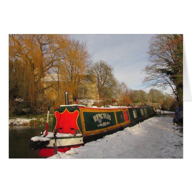 Narrowboat och kyrka i snow.en hälsningskort (Framsidan Horizontal)