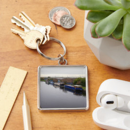 Narrowboats on the Knottingley and Goole Canal Fyrkantig Silverfärgad Nyckelring