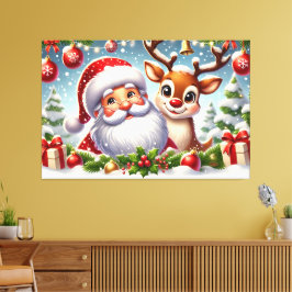 Närstående Jultomten och renar i Snowy-jul Canvastryck