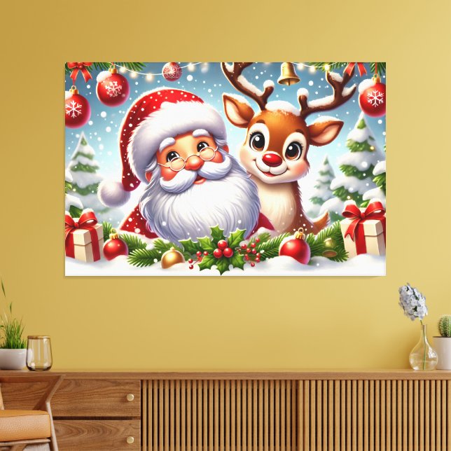 Närstående Jultomten och renar i Snowy-jul Canvastryck (Insitu (Vardagsrum))