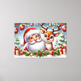 Närstående Jultomten och renar i Snowy-jul Canvastryck