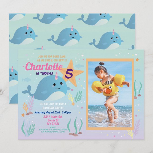 Narval Födelsedagsfest Bassäng Beach Photo Narwhal Inbjudningar (Fram/baksida)