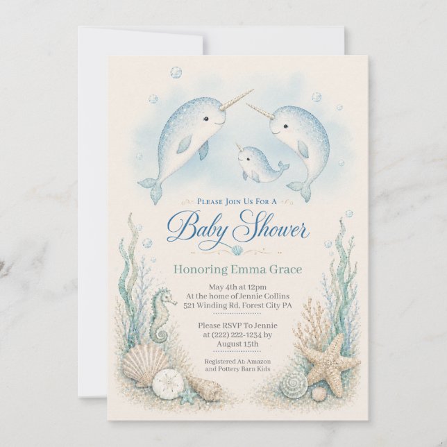 Narvalfamiljens Baby Shower Inbjudan  (Framsida)