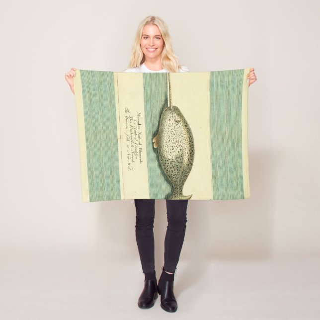 Narwhal Antique Whale Watercolor Scientific Art Fleecefilt (På plats)