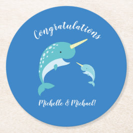 Narwhal Baby Shower Blue Boy Cute Underlägg Papper Rund