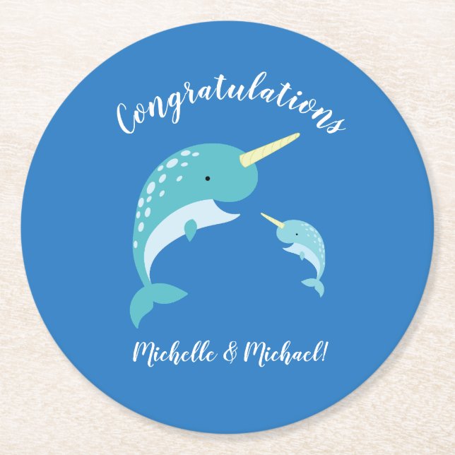 Narwhal Baby Shower Blue Boy Cute Underlägg Papper Rund (Framsidan)