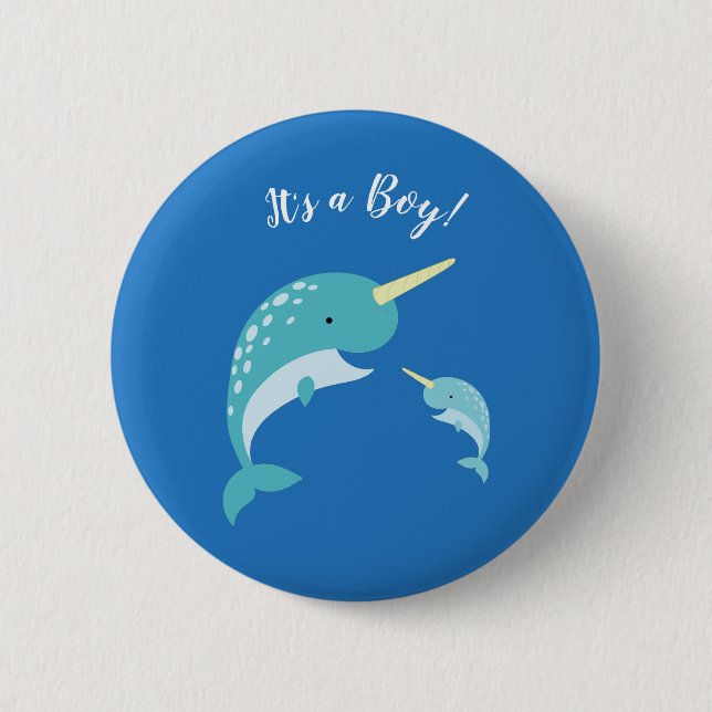 Narwhal Baby Shower Blue Boy Whale Knapp (Framsida)