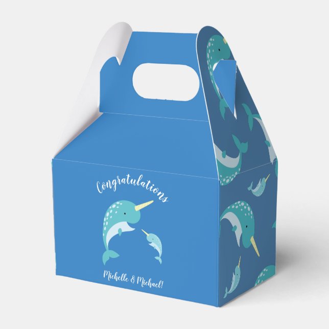 Narwhal Baby Shower Blue Boy Whale Presentaskar (Framsidan Sidan)
