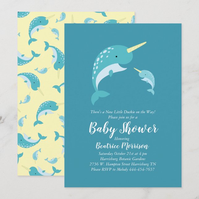 Narwhal Baby Shower Gult Gender Neutral Whale Inbjudningar (Fram/baksida)