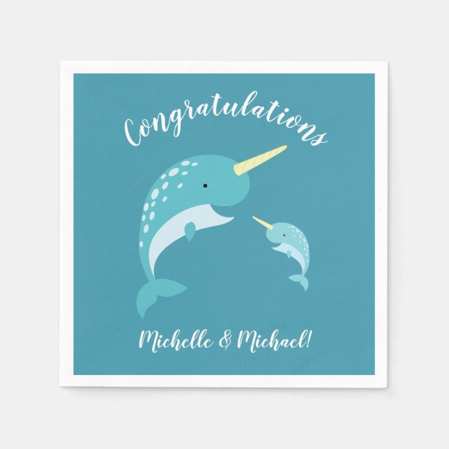 Narwhal Baby Shower Gult Gender Neutral Whale Pappersservett (Framsidan)