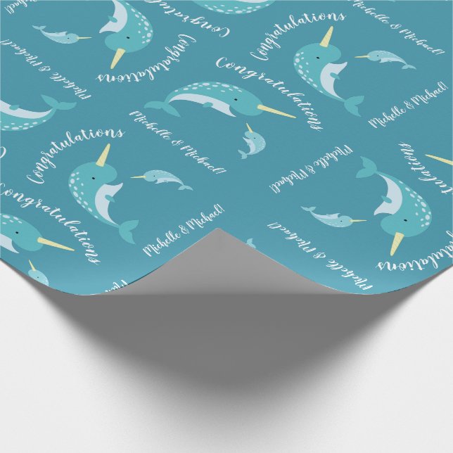 Narwhal Baby Shower Gult Gender Neutral Whale Presentpapper (Hörn)
