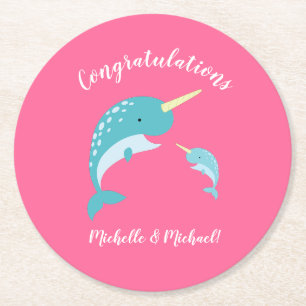 Narwhal Baby Shower Rosa Girl Girl Cute Underlägg Papper Rund