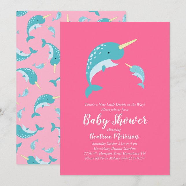 Narwhal Baby Shower Rosa Girl Whale Inbjudningar (Fram/baksida)