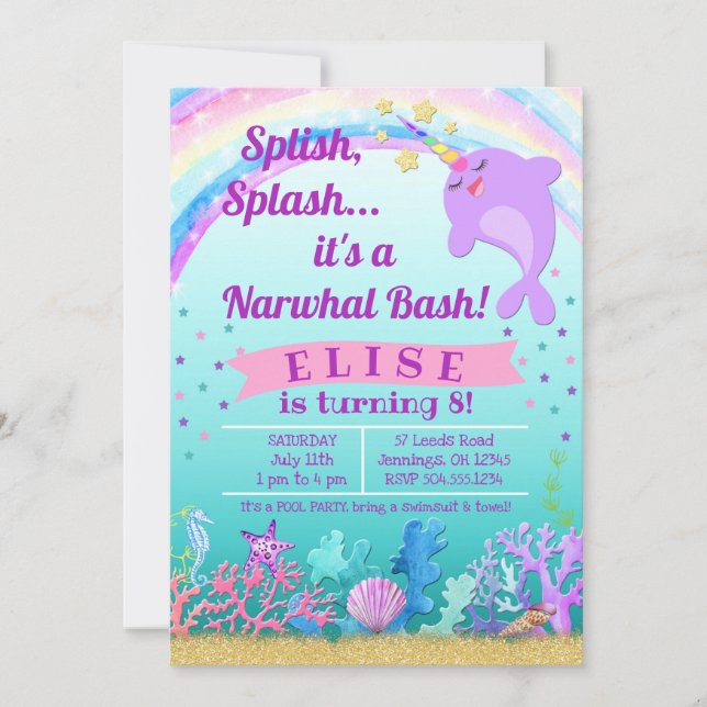 Narwhal Birthday bjudande, Narwhal Bassäng Party Inbjudningar (Framsida)