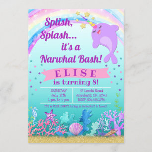 Narwhal Birthday bjudande, Narwhal Bassäng Party Inbjudningar