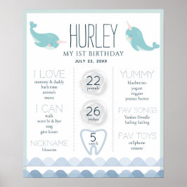 Narwhal Blue 1st Birthday Milestone Poster