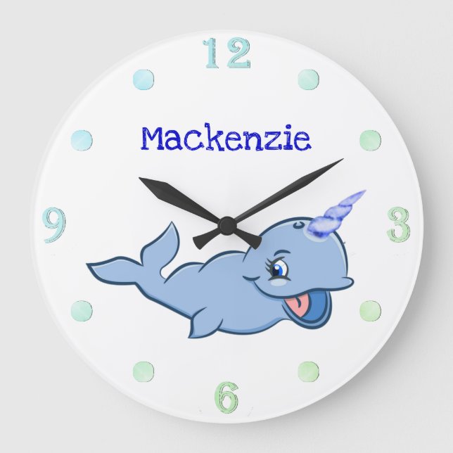 Narwhal Blue | Baby Kawaii Anpassningsbar Oceanen Stor Klocka (Framsida)