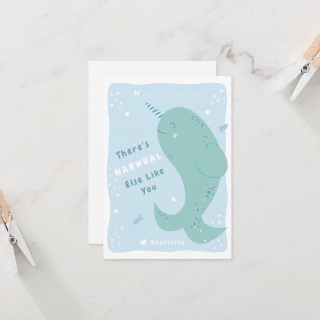 Narwhal Else Classroom Valentine Card Kort (Fram/Back In Situ)