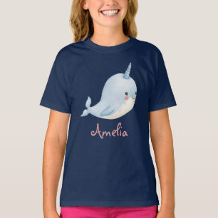 Narwhal Girl Birthday Add Namn Personlig Navy T Shirt