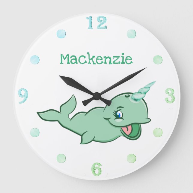 Narwhal Grön | Söt Mint Chibi Serietecknad Anpassa Stor Klocka (Framsida)