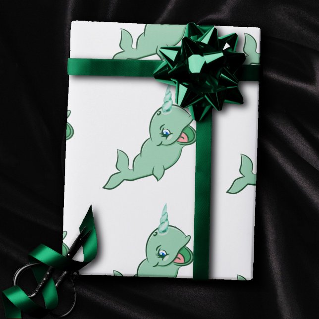 Narwhal-Grönt | Cute Mint Chibi Tecknad Sea Party Presentpapper (Skapare uppladdad)