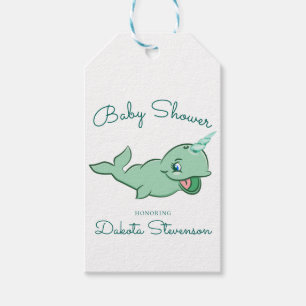 Narwhal-Grönt Tecknad för Cute Mint Chibi Presentetikett