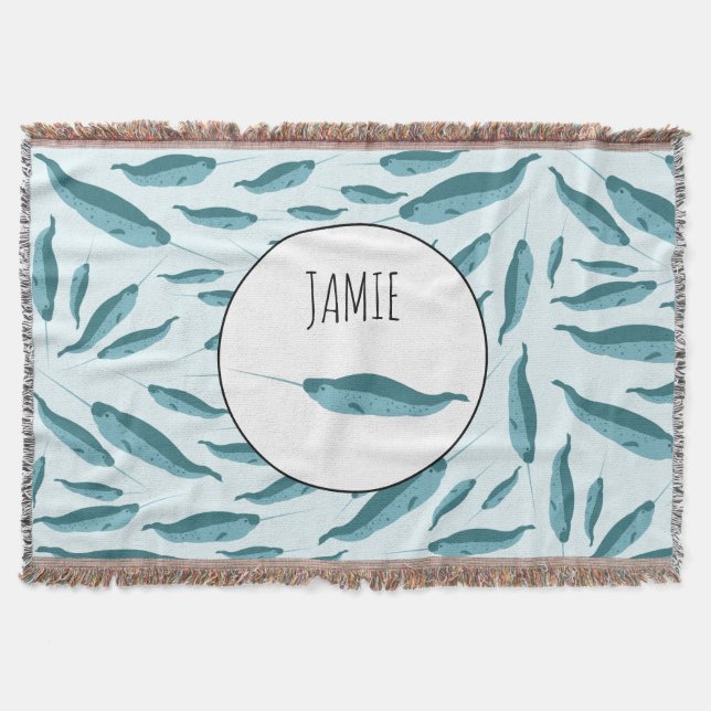 Narwhal i Blå oceanen Mönster Filt (Framsidan)