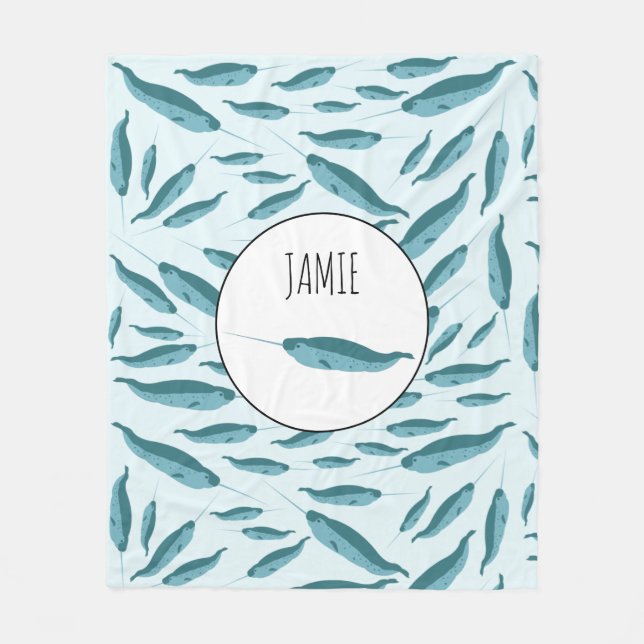 Narwhal i Blå oceanen Mönster Fleecefilt (Framsidan)