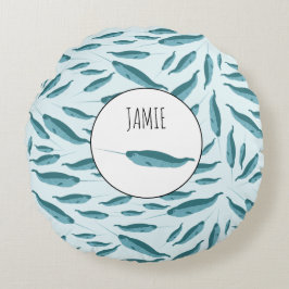 Narwhal i Blå oceanen Mönster Rund Kudde