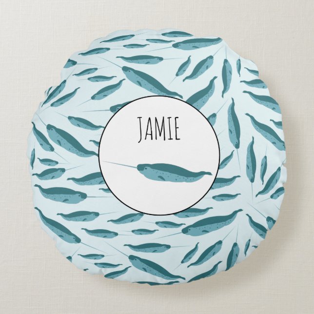 Narwhal i Blå oceanen Mönster Rund Kudde (Framsidan)