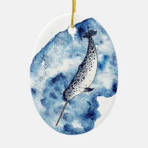Narwhal i ett stänk av akvarellen julgransprydnad keramik