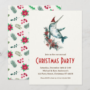 Narwhal i Santa Hat Poinsettias jul Party Inbjudningar